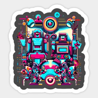 A piece that incorporates both retro and futuristic elements, such as robots and neon colors with a vintage twist. Sticker